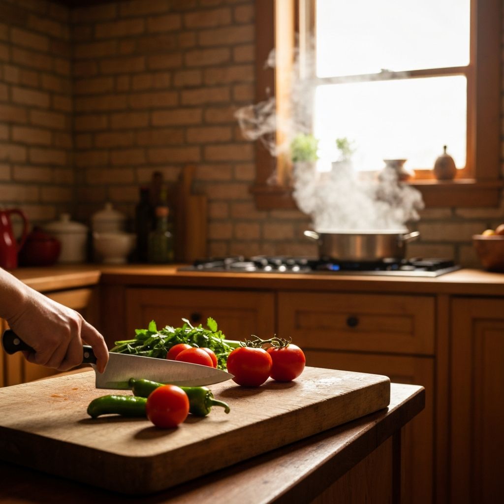 Artistic kitchen scene with fresh vegetables being prepared on a wooden cutting board with steaming pot in background